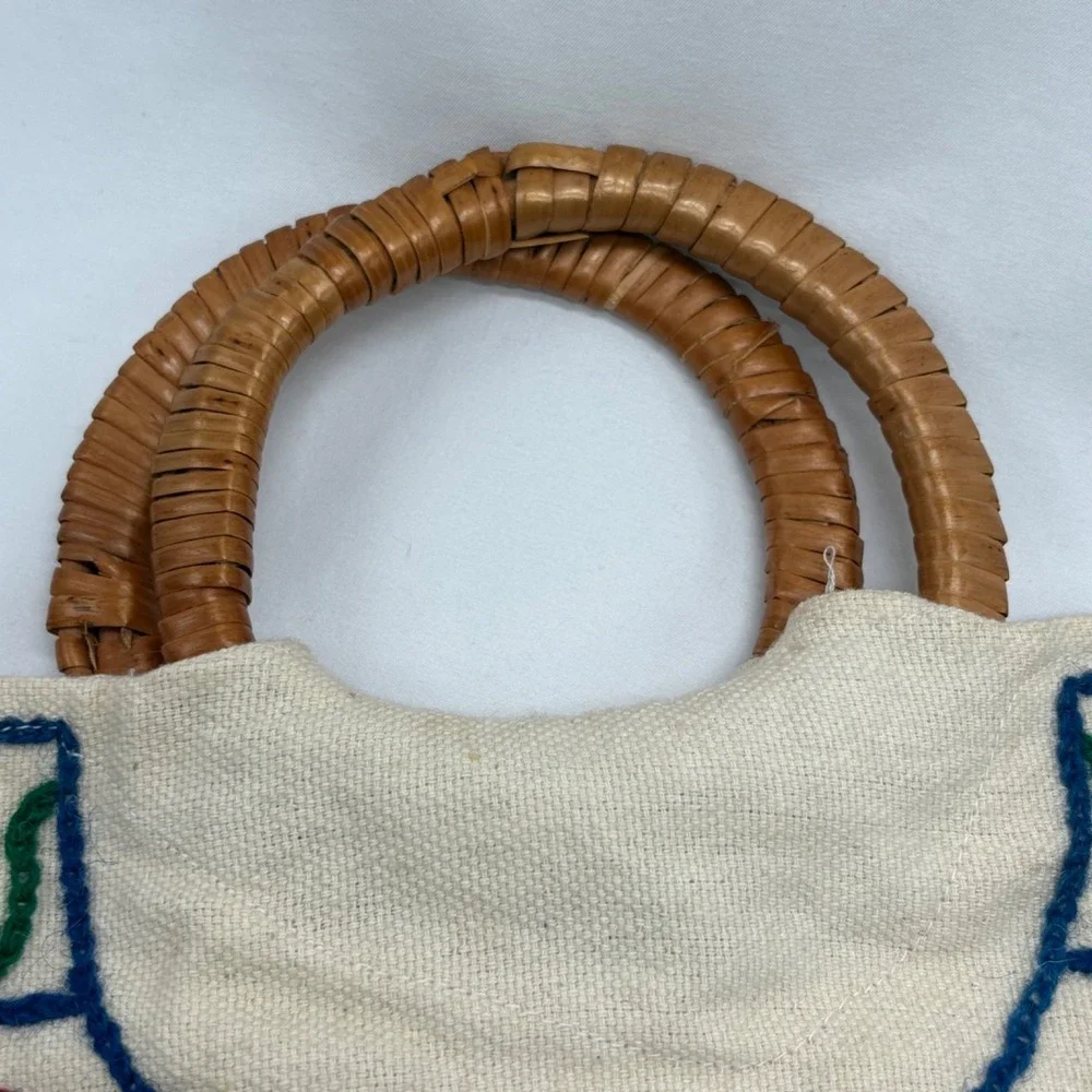 Vintage Boho Embroidered Floral Artisan Tote Bag Round Woven Handle Canvas Purse